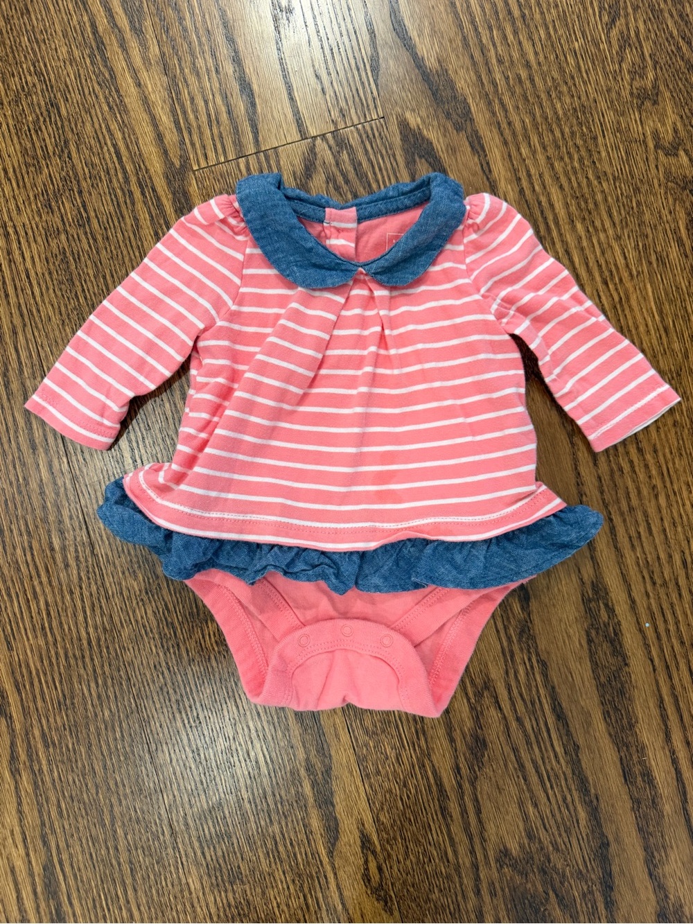 GAP Coral Pink & White Striped Bodysuit with Blue Collar